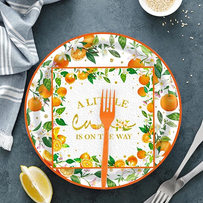 72 Pcs Little Cutie Baby Shower Party Supplies - Orange Birthday Decorations, Paper Plates and Napkins Set - A Little Cutie is on The Way Tableware Serves 24