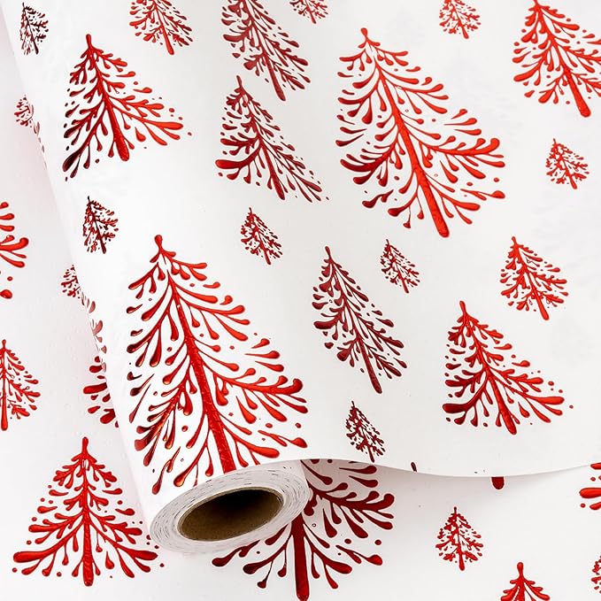 Flyhill Kraft Christmas Wrapping Paper-White 3D Embossed Gold Foil Christmas Pine Tree with Woodlands for Holiday, Party,Celebration, New Year (17 Inch X 32.8 Feet)