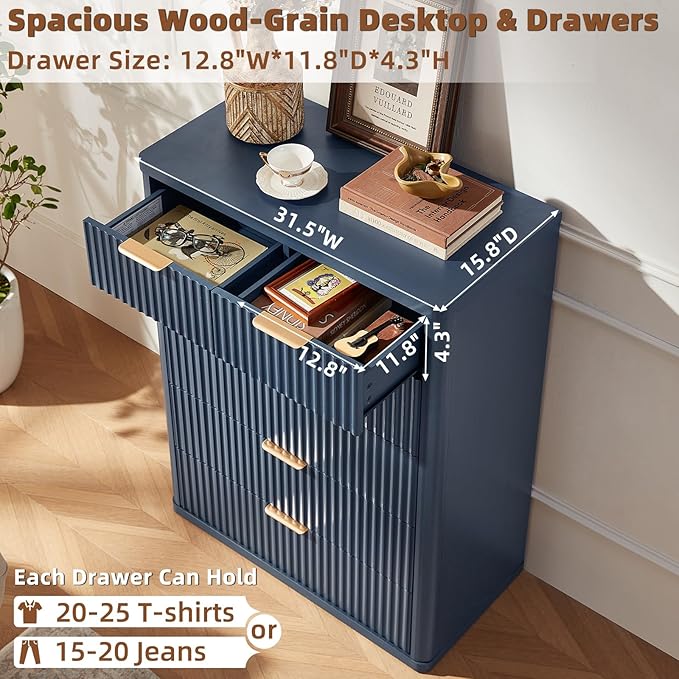 LEYAOYAO Fluted 6 Drawers Dresser for Bedroom, 42" Tall Modern Chest of Drawers with Metal Handle, Curved Profile Design,Navy Blue Wood Drawer Organizer for Bedroom, Living Room, Hallway, Entryway