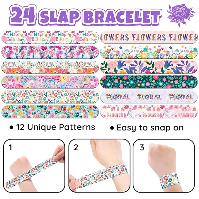 96 PCS Floral Flower Party Favors Set – 72 Pre-Cut Temporary Tattoos & 24 Slap Bracelets for Kids, Perfect for Spring Birthday Parties, Flower Festivals & Classroom Rewards