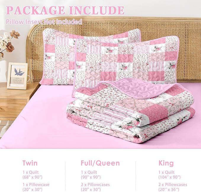 Quilt Set King Size, Pink Patchwork Flowers 3 Pcs Soft Bed Cover Bedding Set, Garden Floral Lightweight Bedspread Coverlet with 2 Pillow Sham for All Season