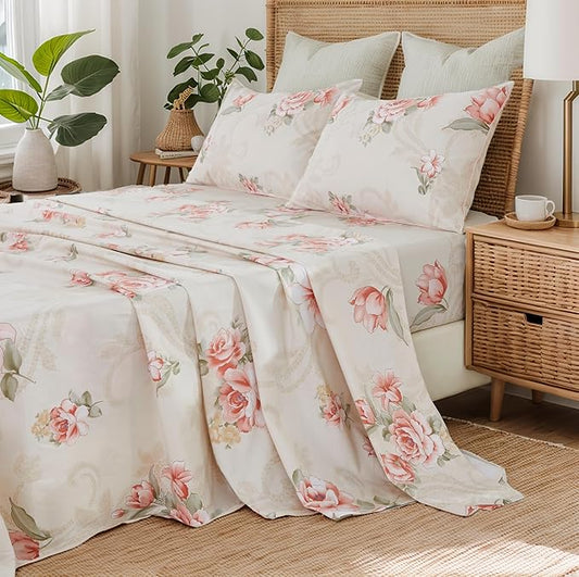 Brandream Floral Bed Sheets Twin Size Luxury Blossom Flower Print, 100% Egyptian Cotton 4 Pieces Sheet Set, Kids Sheets, Cooling Sheets for Twin Size Bed Deep Pockets, Floral Bed Sheets