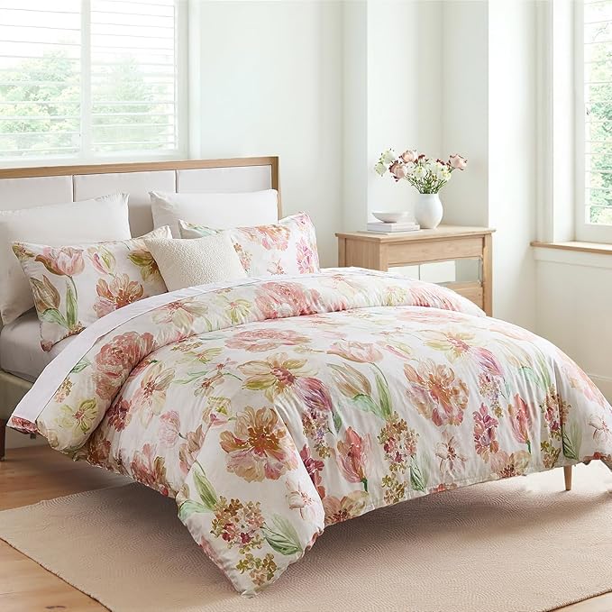 100% Cotton Duvet Cover Set King Size – Pink Watercolor Floral Bedding with Zipper Closure, 3-Piece Silky Soft Botanical Comforter Cover with 2 Pillowcases