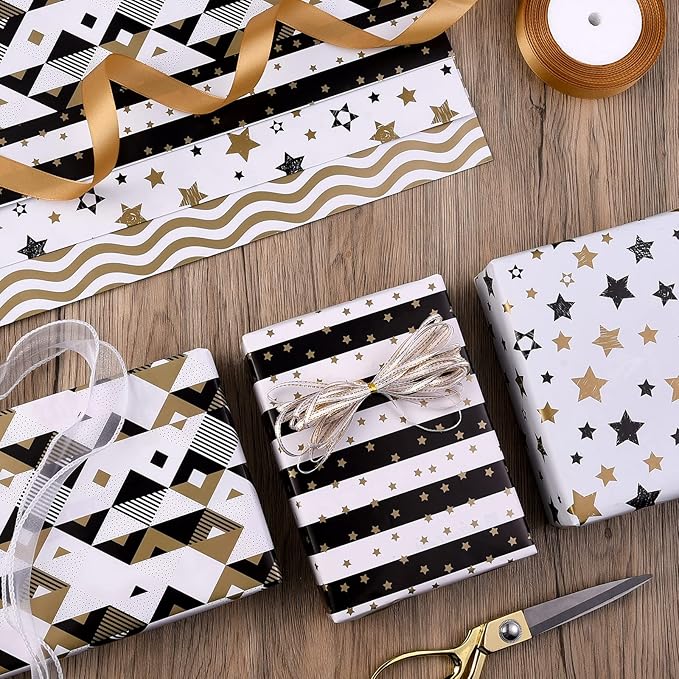 PlandRichW Wrapping Paper Folded Black White and Gold Matte Design Stars, Stripes, Ripples, Plaids for Birthdays, Christmas, Graduations, Weddings, Father's Day 4 Styles 20" X 29" 12 Sheets
