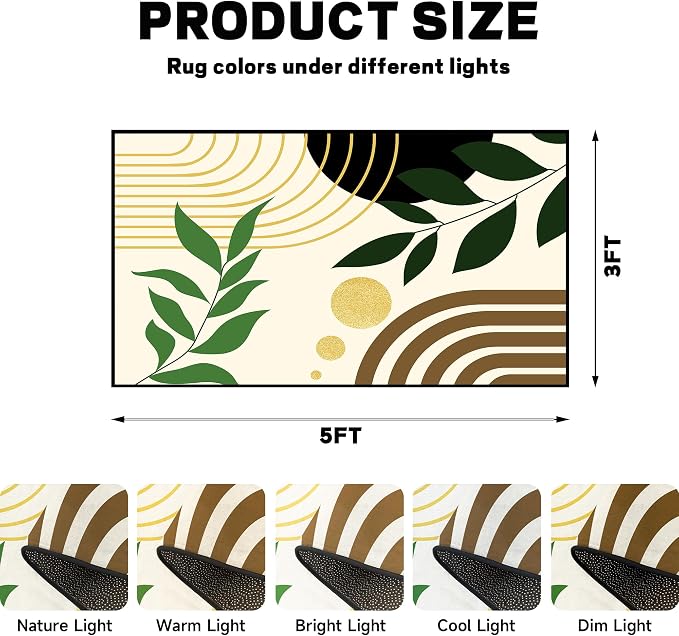 Modern Abstract Rug Geometric Area Rug Boho Green Leaf Floor Mat Soft Washable Carpet for Entryway Bedroom Living Room Kitchen Home Decor 3'x5'