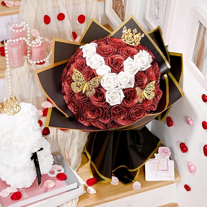 36+20 Glitter Roses Bouquet, DIY Fake Flowers Bouquet, Craft The Initials of Your Loves' Name with Artificial Rose Bouquet for Valentines, Anniversary, Wedding, Red & White
