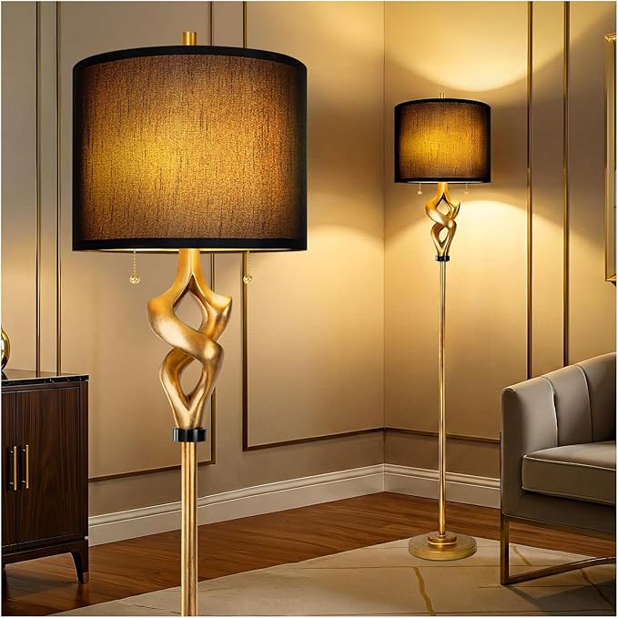 Scenekoy Sculptural 65.5” Floor Lamp for Living Room Bedroom, Antique Gold Leaf Finish & Resin Body, Pull Chains Switch Standing Lamp, Brightness Adjustable Corner Lamp with Bulb Prefer for Home Bar