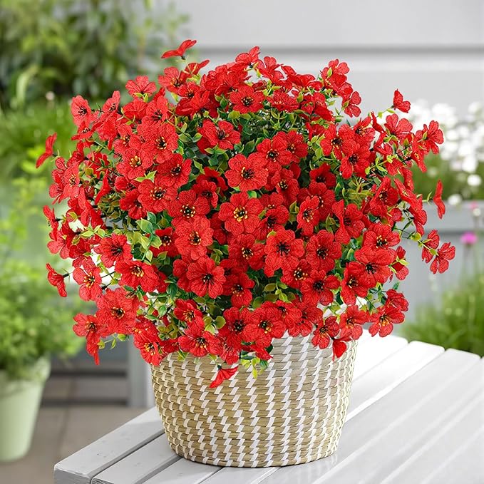 Artificial Flowers Outdoor Faux Plants UV Resistant Fake Patio Flowers Plastic Greenery Plnats Outside Bulk for Spring Garden Hanging Planter Home Vase Decor, 12 Bundles (Red)