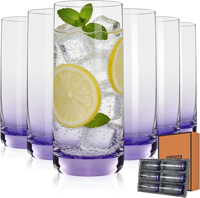 Purple Highball Glasses Set of 6, 13oz Drinking Glass Cups for Mixed Drink Cocktail, Beer, Mojito, Water and Juice,Thick Tall Crystal Glassware for Kitchen, Restaurant, Home Bar and Parties