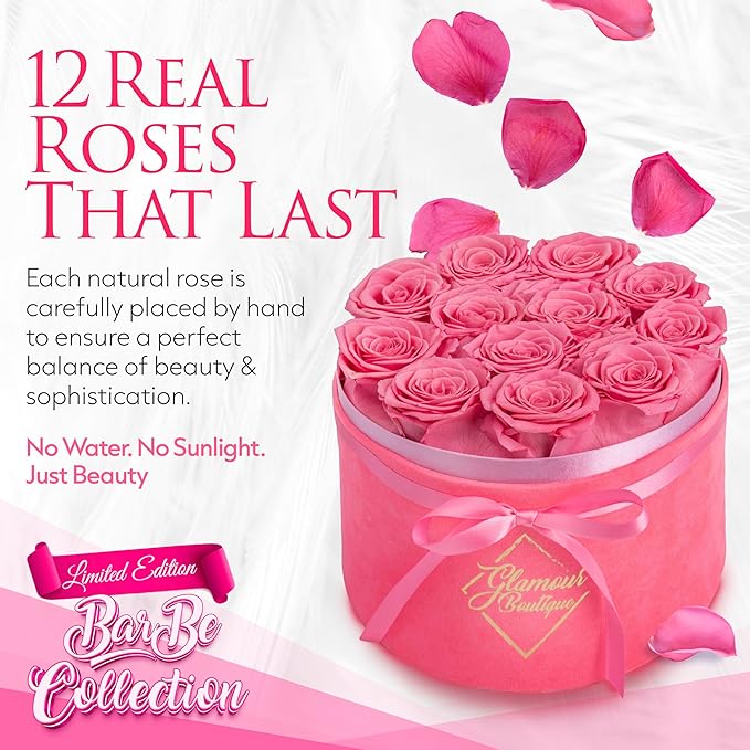 GLAMOUR BOUTIQUE Flower Forever Gift Box 12 Real Preserved Roses in Round Velvet White Box, Handmade, Rose Petals, Birthday, Marriage, Anniversary, Graduation - Velvet Pink