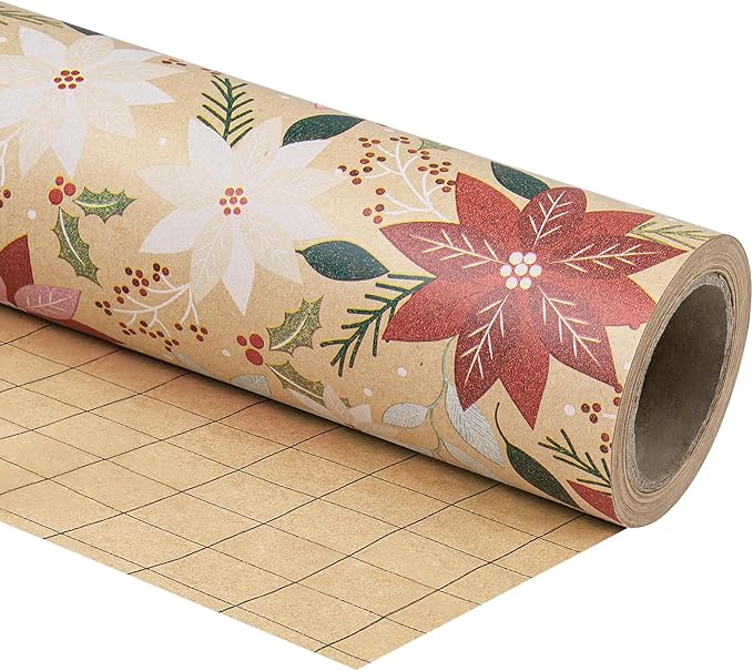 RUSPEPA Kraft Christmas Poinsettia Wrapping Paper Roll, Mini Roll, Red & Pink Floral with Greenery Design, Kraft Holiday Gift Wrap for Women, Family, Rustic Xmas Gifts, 17 Inches x 16.4 Feet