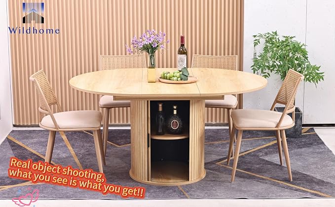 Wildhome Extendable Round Dining Table for 2-4-6, 59 Inch Dining Room Kitchen Table with 2-Tier Storage Shelf, Modern Farmhouse Fluted Wood Slide Door Dinner Furniture,Oval Circle,Oak