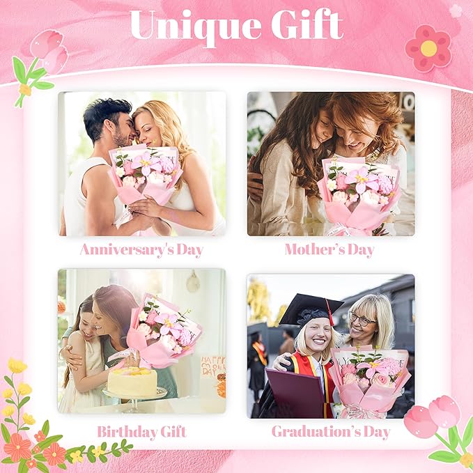 Crochet Flowers Bouquet 8PCS, Handmade Knitted Artificial Crochet Flower Gifts - Tulips Roses Daisies Carnations, Preserved Flowers for Mother's Day Valentine's Day Birthday Home Decor- Pink (Pink)