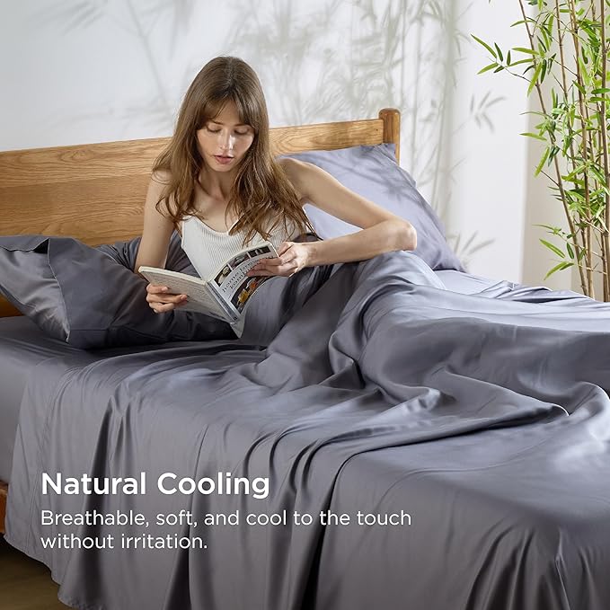 Bedsure Cooling Sheets for Full Size Bed, Viscose Derived from Bamboo, Deep Pocket up to 16", Breathable Soft Bed Sheets & Pillowcases, Dark Grey