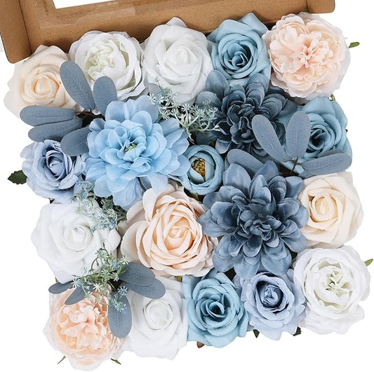 Artificial Flowers Combo Box Blue Fake Flower Bouquet Set for Wedding Centerpieces Arrangements Bridal Shower Birthday Party DIY Decorations
