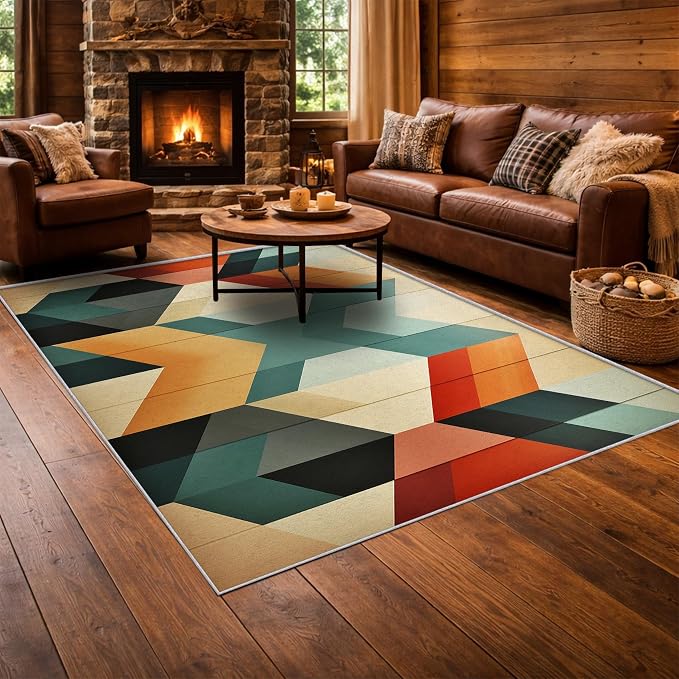 Mid Century Modern Area Rug 7x7, Washable Non-Slip Low Pile Abstract Geometric Carpet for Living Room Bedroom Home Office, Retro Contemporary Accent Rug in Teal Orange Cream Black