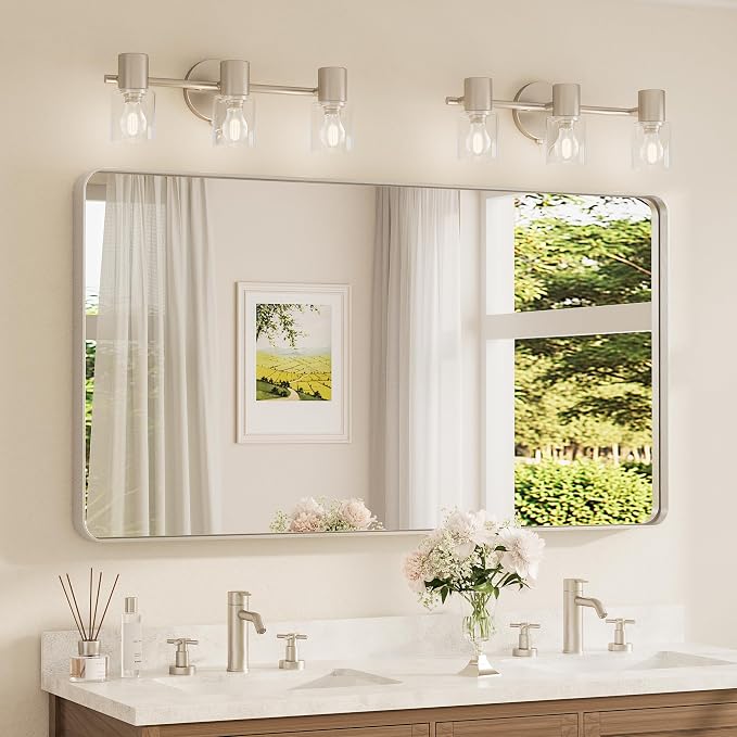 TETOTE 55 x 30 Inch Brushed Nickel Bathroom Mirror for Vanity Metal Framed Mirror Modern Farmhouse for Living Room Entryway(Horizontal/Vertical)