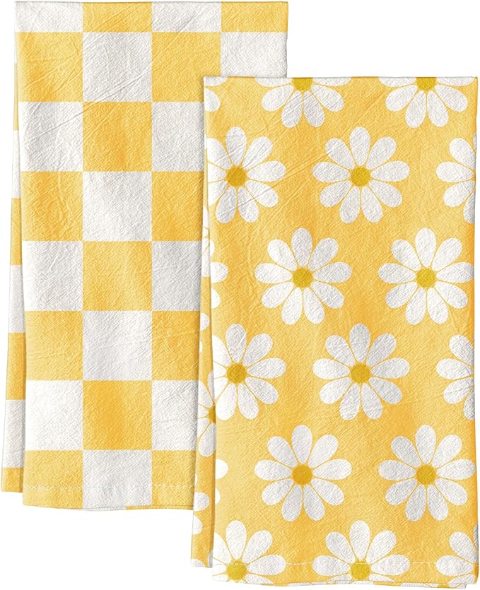 Miss Adola 2 Pack Flour Sack Kitchen Towels - 16x26 Inch Cotton Dish Towels with Hanging Loop Reusable Geometric Modern Retro Tea Towel Absorbent Dishcloths Home Decor, Yellow Daisy