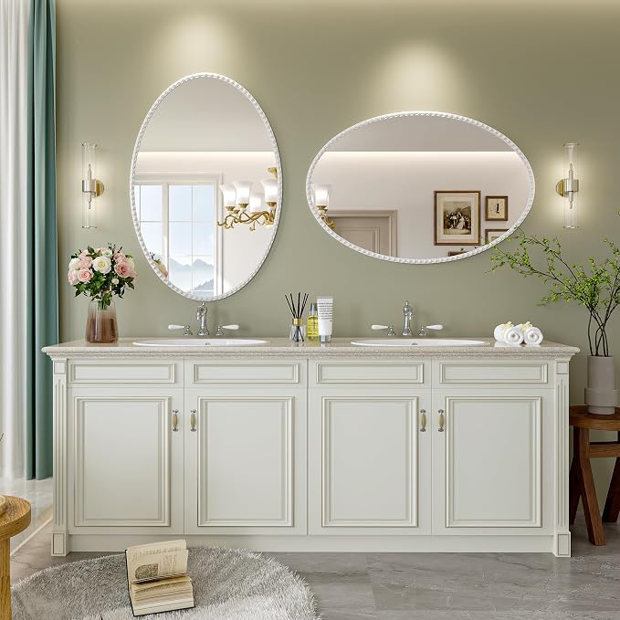 Oval Bathroom Mirror, 24x36 Inch Floral White Oval Mirrors for Wall, White Metal Floral Frame Mirrors for Bedroom Living Room Hallway, Hangs Horizontally or Vertically
