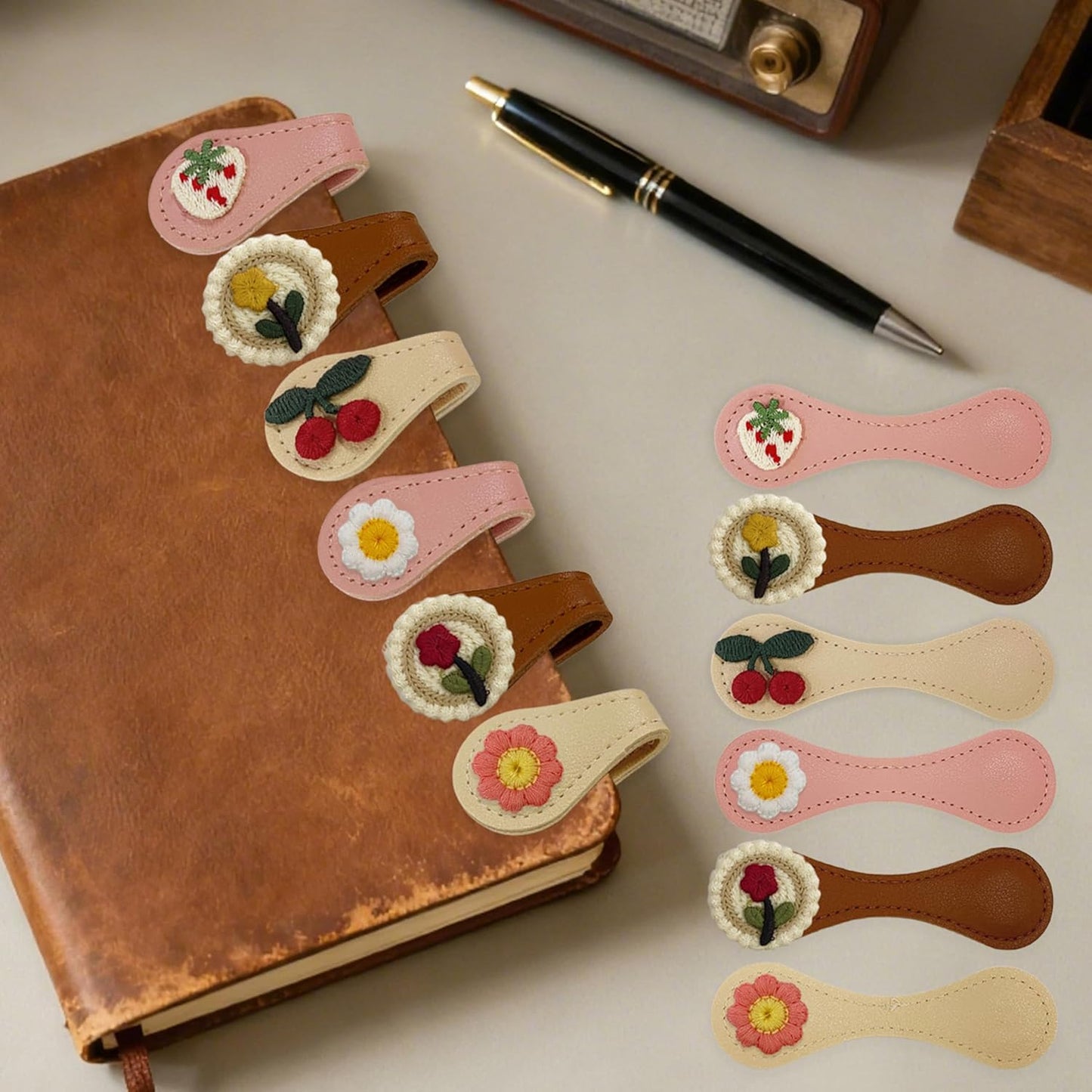 Skiennix Magnetic Leather Bookmark Set - 6 Pcs Embroidery Clips for Book Lovers | Stylish Reading Accessories