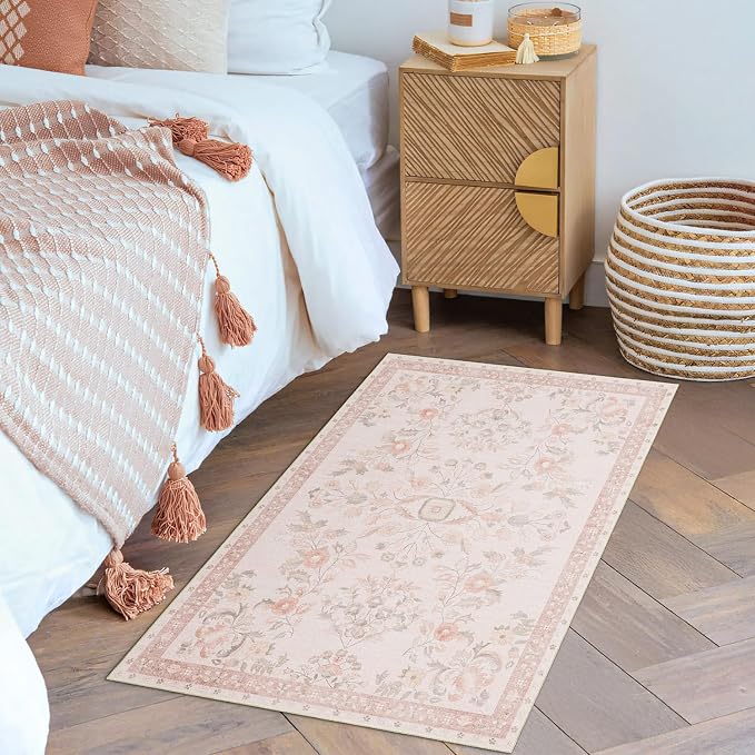 MUJOO Small Rug Washable,Pink 2x3 Area Rugs for Entryway,Floral Front Door Mat Indoor Entrance Entry Way,Boho Kitchen Bathroom Floor Rug Throw Carpet Non Slip Low Pile Vintage