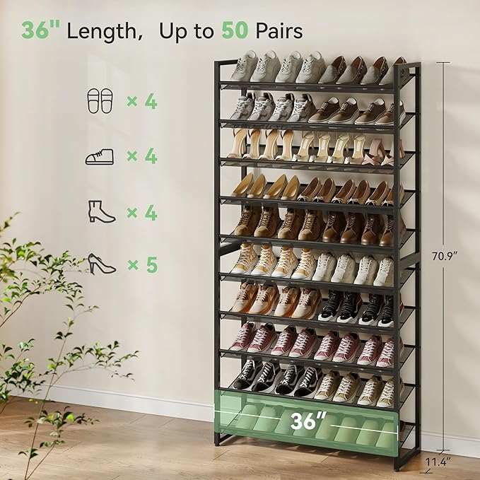 Nunsino Shoe Rack,10 Tier Metal Shoe Organizer,Max Holds 50 Pairs,Heavy Duty Shoes Shelf for Garage, Entryway, Closet,Black