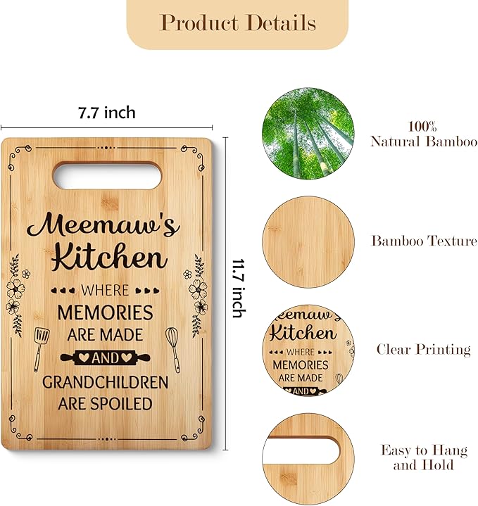 Meemaw Gifts Cutting Board Chopping Board, Grandma Kitchen Gifts, Grandma Birthday Gifts, Grandma Gifts from Grandchildren, Gifts for Grandma Decorative Bamboo Cutting Board for Kitchen