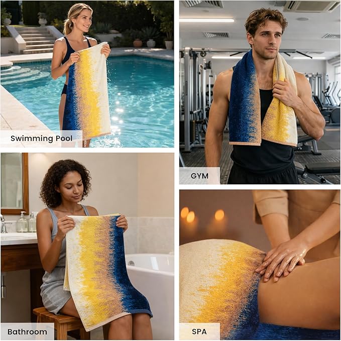 SEMAXE Bath Towel Set, 12 Piece Cotton Towel Set for Bathroom, More Towels for Family Use, Quick Dry with Hanging Loops, Easy Care, Coastal Ombre