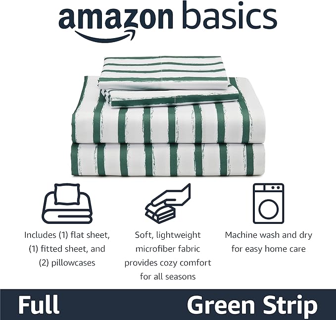 Amazon Basics Microfiber Kids' Sheet Set with Pillowcase, 4 Piece, Full, Green Stripes