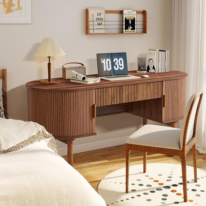 ORRD Home Office Oval Desk with Sliding Tambour Door and Drawer, Modern Fluted Wood Executive Computer Storage Desk for Study, Living Room, Bedroom, Office - Walnut