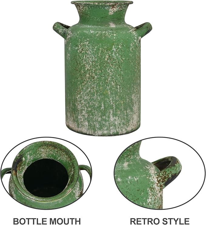 Rustic Vintage Metal Flower Vase for Decor Milk Jug Small Vases for Flowers Kitchen Decorations, Cylindrical,Perfect for Kitchen, Dining Room, Living Room,Housewarming Gift(Green)