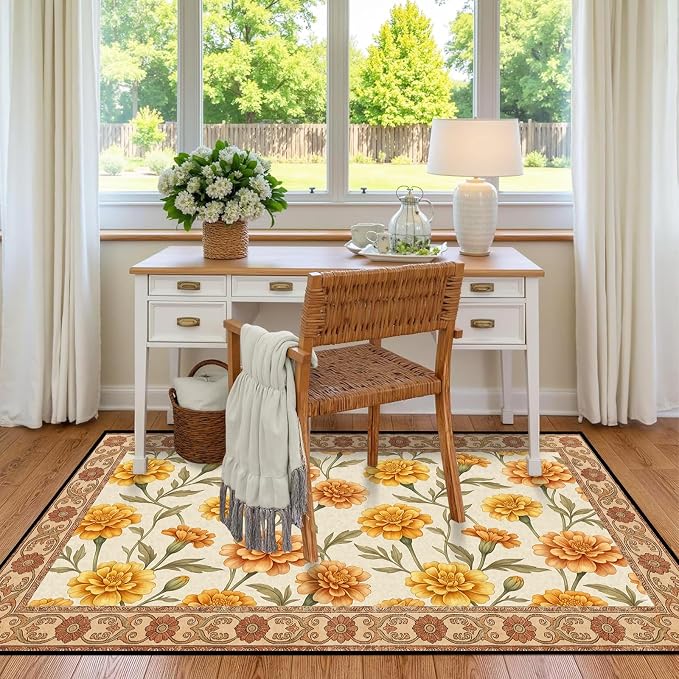 Marigold Floral Area Rug Vintage Boho Rug Bordered Non-Slip Washable Floor Mat for Bedroom Living Room Nursery Kitchen Playroom Home Decor,4'x6'