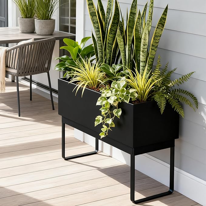 Worth Raised Metal Planter Box with Legs, 30"x12.5"x24" Elevated Garden Bed for Indoor & Outdoor Use – Matte Black Galvanized Steel Planter with Drainage Hole & Plug for Vegetables, Flowers & Herbs