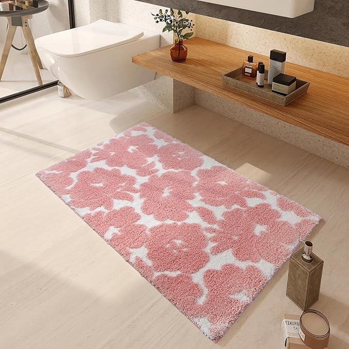 Civkor Pink and White Bathroom Rug, Tufted Flower Bath Mat for Bathroom with Non Slip TPR Backing, Quick Dry Microfiber Surface, Soft and Super Water Absorbent Bath Rug, 31x20Inch