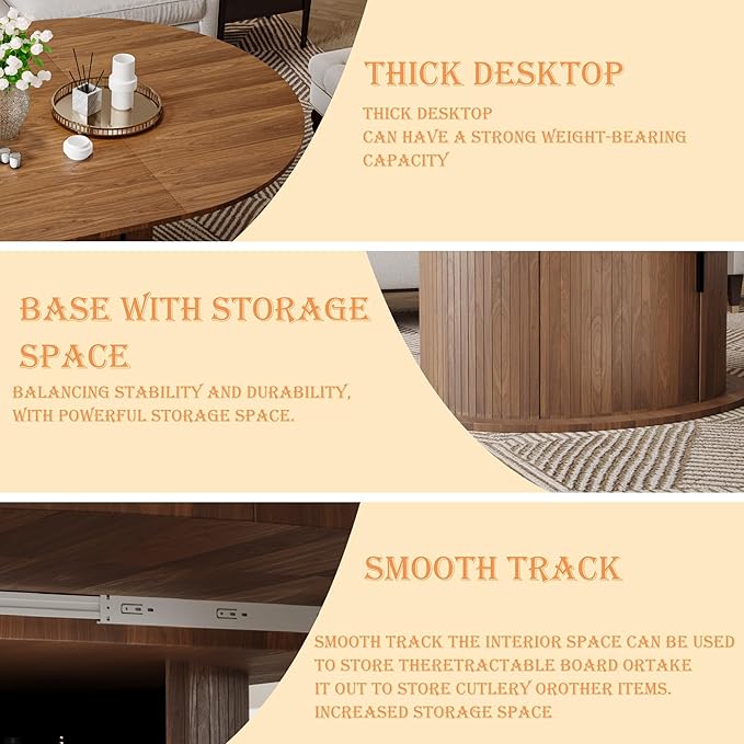 Extendable Round Dining Table for 2-4-6, 63 Inch Dining Room Kitchen Table with 2-Tier Storage Shelf, Modern Farmhouse Fluted Wood Slide Door Dinner Furniture,Oval Circle(Walnut-63 Inch)