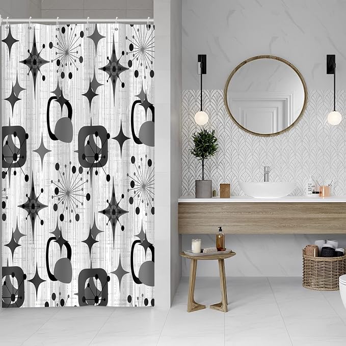 Mid Century Shower Curtain, 48x72inch, Modern Abstract Retro Grey Striped Geometric Shower Curtain Sets 1950s Boho Bathroom Shower Curtain with 8 Hooks