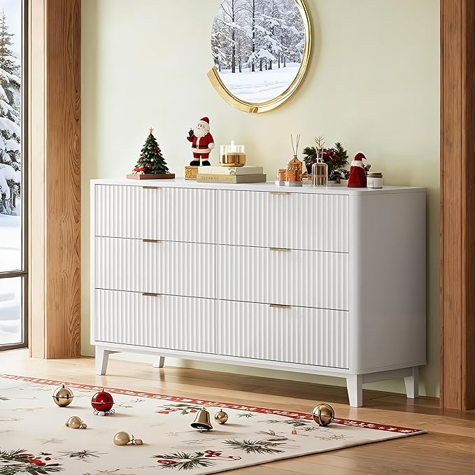 WLIVE Fluted Dresser for Bedroom with 6 Drawers, 54" Wide Wood Dresser with Golden Metal Handles, TV Stand for 65 inch TV, Mid Century Modern Chest of Drawers for Living Room, Hallway, Closet, White
