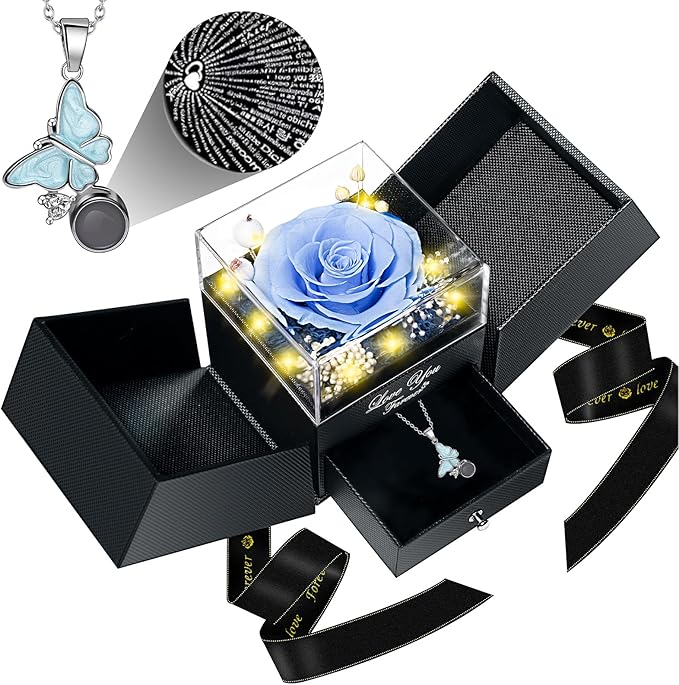 Preserved Sky Blue Real Rose with I Love You Butterfly Necklace-Eternal Flowers Rose Birthday Gifts for Women Wife Mom Girlfriend Grandma on Mothers Day Valentines Anniversary Christmas Romantic