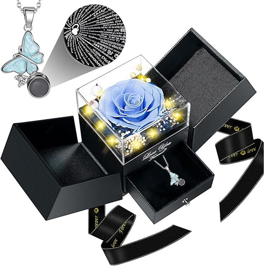 Preserved Sky Blue Real Rose with I Love You Butterfly Necklace-Eternal Flowers Rose Birthday Gifts for Women Wife Mom Girlfriend Grandma on Mothers Day Valentines Anniversary Christmas Romantic