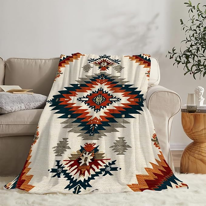 Boho Western Blanket Aztec Tribal Southwest Throw Blanket Southwestern Navajo Soft Cozy Fleece Fuzzy Stuffed Plush Flannel Gifts for Girls Women Boys Kids Adults 60''x80''