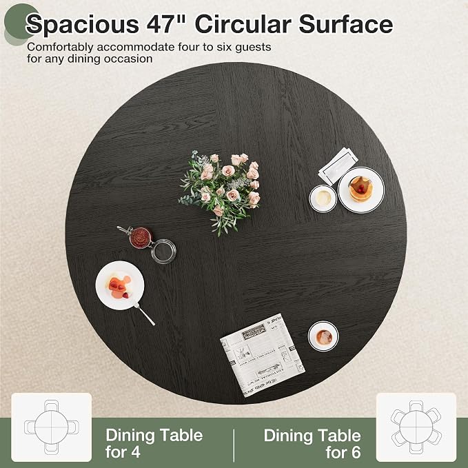 47" Round Dining Table for 4-6, Space-Saving Dining Room Table with Core Rolling Shutter Storage Shelf and Thick Tabletop, Wood Grain Dinner Table for Kitchen, Dining Room, Living Room, Black