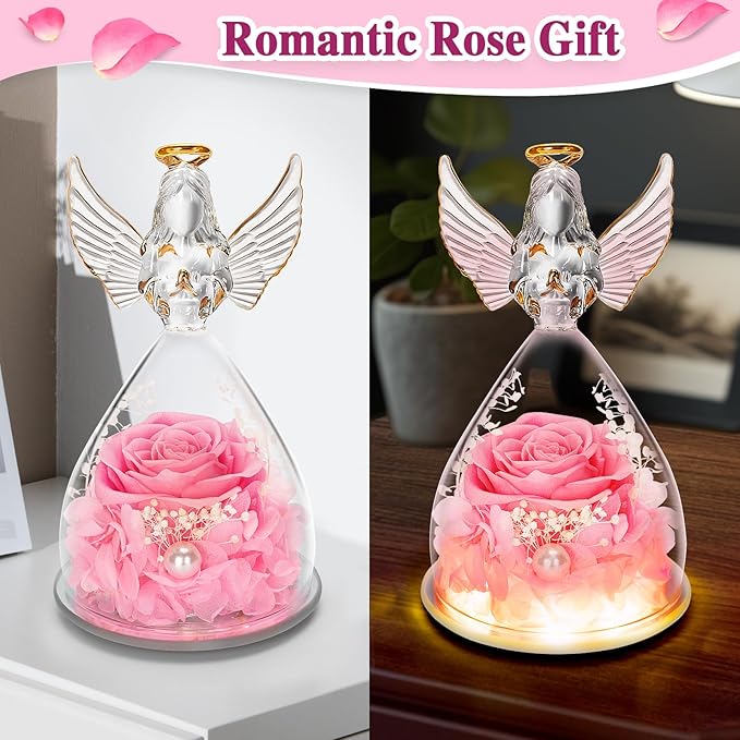 LURLIN Birthday Rose Gifts for Women - Preserved Flowers, Glass Angel Figurines with LED Forever Rose for Mom, Grandma, Wife, Friend, Teacher, Nurse, Anniversary Day Girls Gift