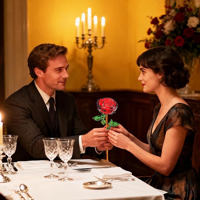 HDCRYSTALGIFTS 9.5'' Crystal Rose Flower Glass Pink and Rose Red Flower with Green Leaves for Wedding Anniversary/Wife, Romantic Forever Valentine's Gifts for Her (Pack of 2)