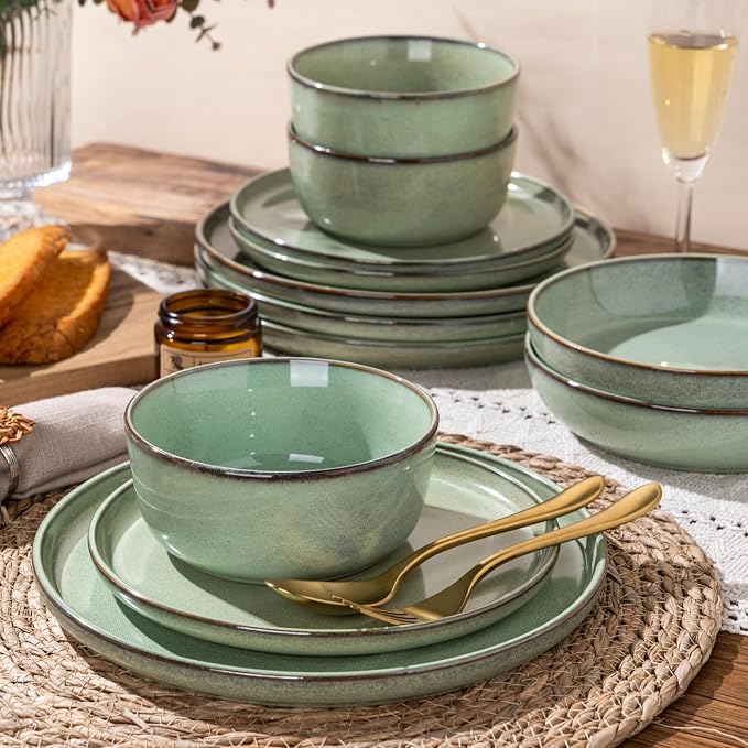 GBHOME Ceramic Dinnerware Sets for 8, 24 Pieces Stoneware Plates and Bowls Sets, Scratch Resistant Dishes, Dishwasher & Microwave Safe-Pastel Green