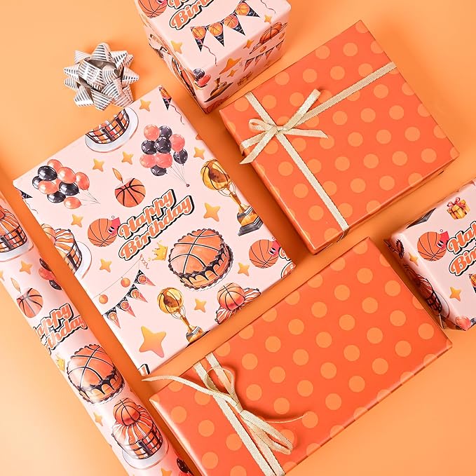 Altarho Reversible Basketball Wrapping Paper Roll for Kids Boys - Sports Basketball Birthday Cake Gift Wrap Sheets for Baby Shower Party Decoration Total 28.5sq.ft