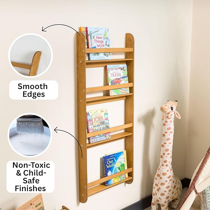 Montessori Wall-Mounted Bookshelf for Toddlers Toy Storage Shelf Organizer for Playroom and Classroom Floor Bookshelves for Kids Room (Oak, L, 4)
