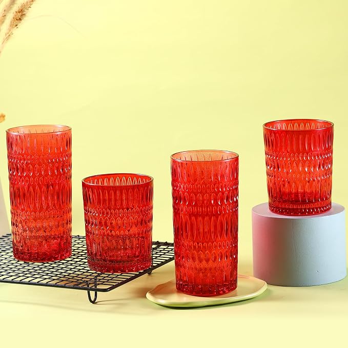 Loivttvv Glassware Drinking Glasses Set of 8, 14 oz Highball Glasses & 10 oz Ribbed Glass Cups, Vintage Glassware for Water, Juice, Cocktail (Christmas Red)