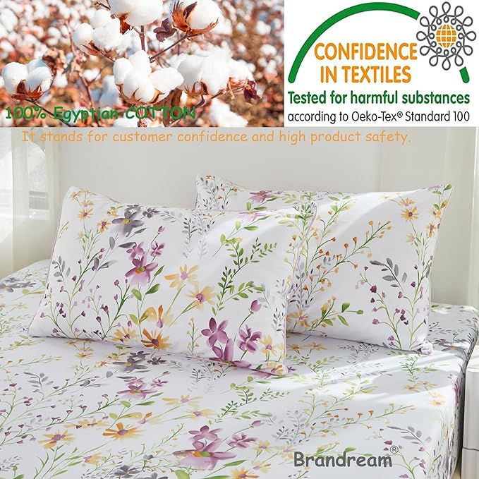 Brandream Garden Style King Size Sheets Set 4 Pieces Breathable Luxury Bed Sheets, Deep Pockets 18" Cooling Bed Sheets Farmhouse Bedding 800 Thread Count 100% Egyptian Cotton, Purple White Green