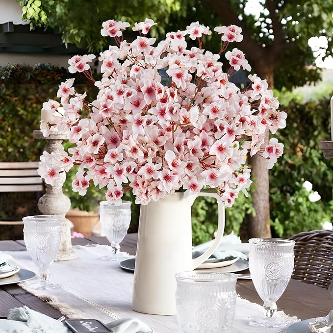 24 Pcs Artificial Cherry Blossom Flowers 18" Faux Silk Cherry Blossom Stems Fake Real Touch Peach Branches for Wedding Home Garden Japanese Decor Light Pink