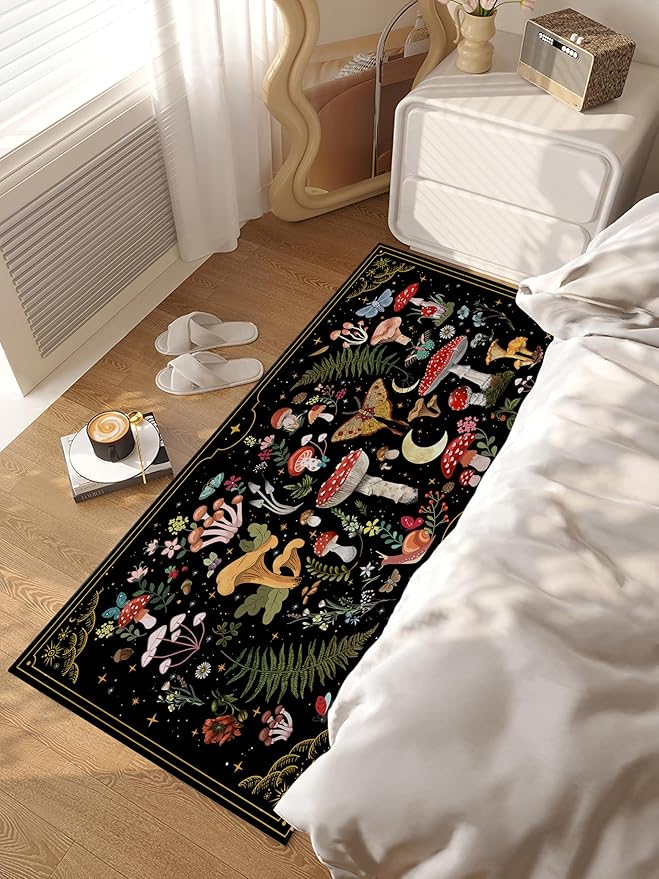Mushroom Runner Rug for Hallways, Black Kitchen Runner Rug Non Slip 2'x 6', Washable Runner Rugs with Rubber Backing, Soft Witchy Carpet Runner for Hallways Kitchen Laundry Bedroom Bathroom